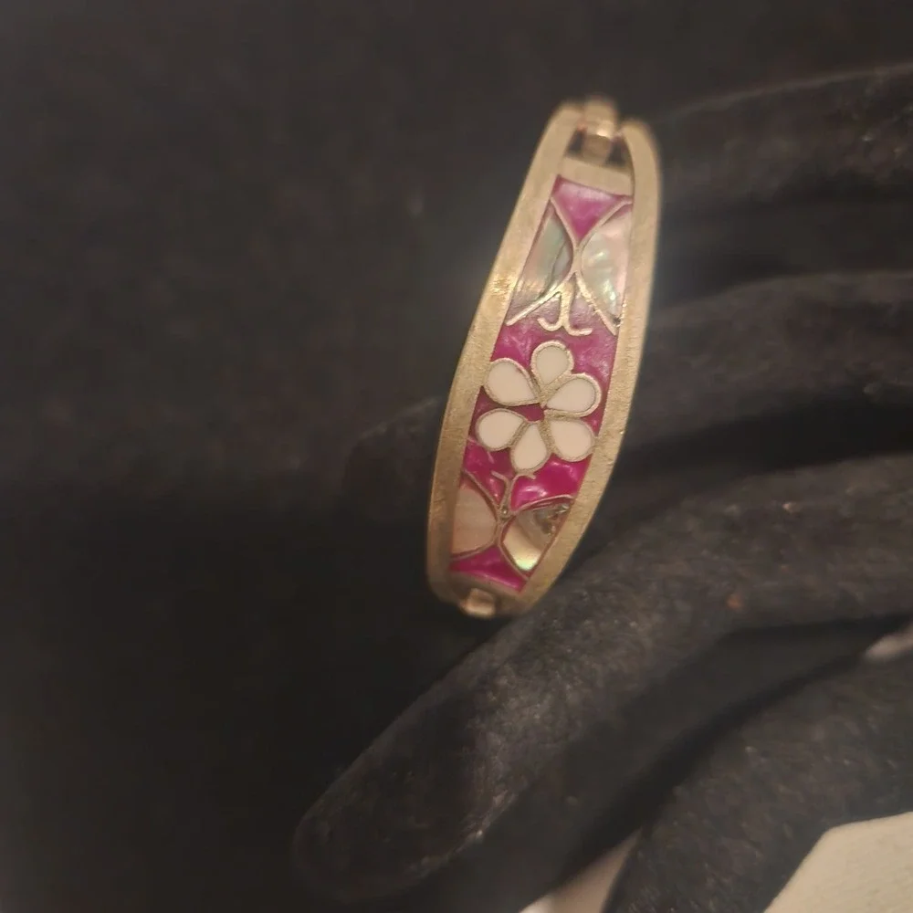 Vintage Alpaca Mexico Pink Enamel‎ Mother of Pearl Floral Butterfly Bangle kids